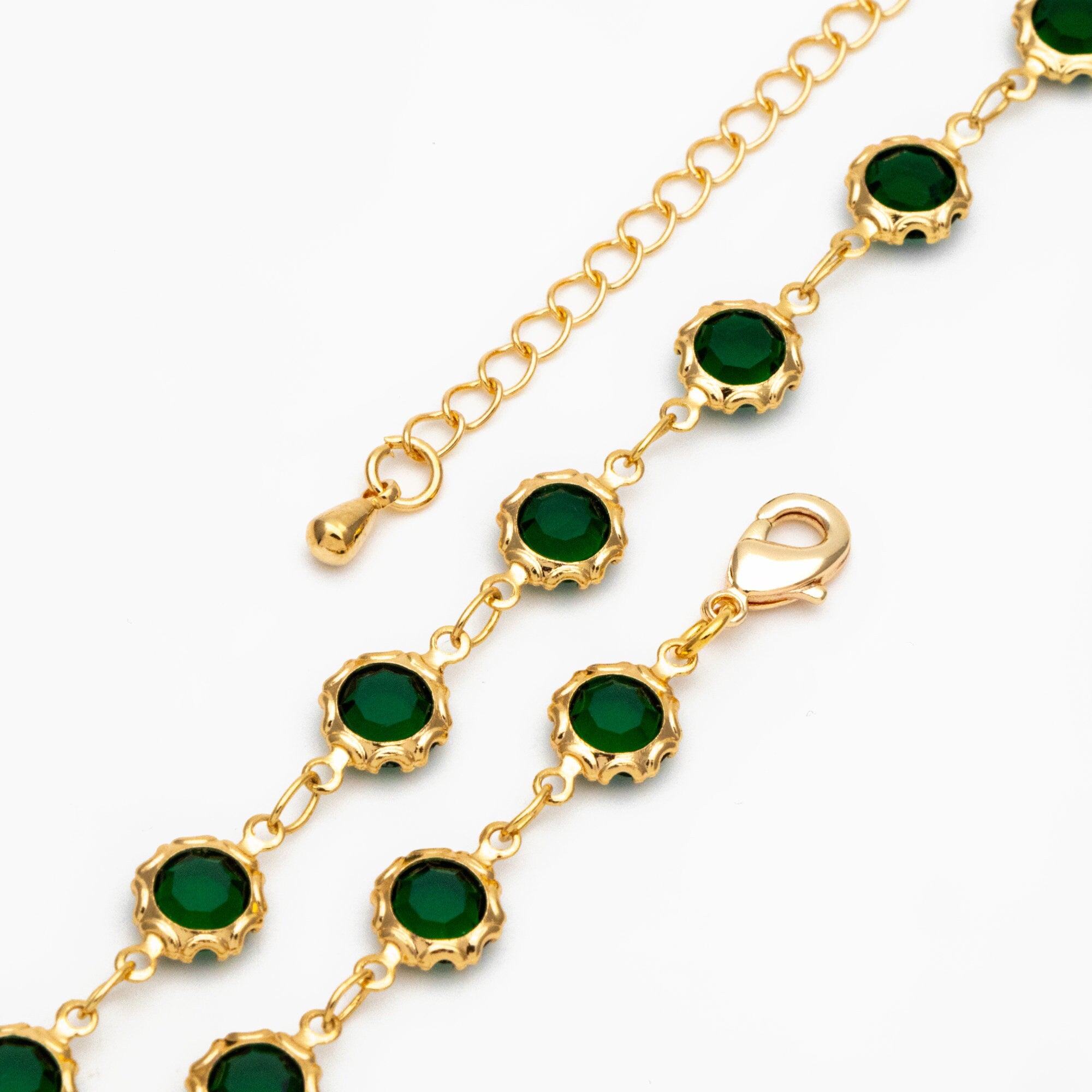 Adjustable Bracelet/ Anklet/ Necklace with Extender, 18K Gold plated Brass, Crystal Coin Bead Chain, Ready to Wear (#LK-183)